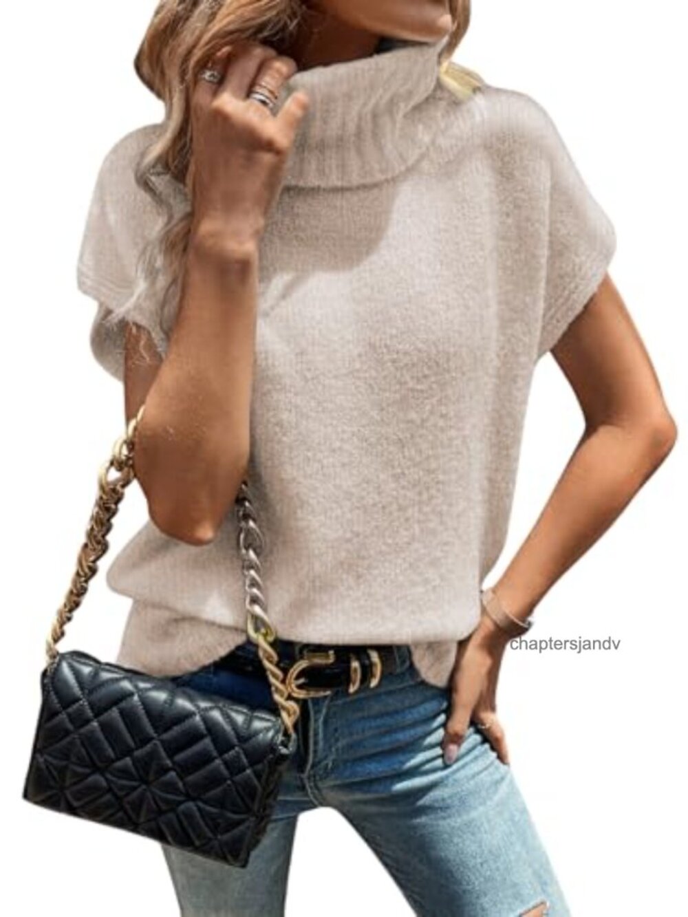 Oversized Turtleneck Cap Sleeve Knit Sweater Vest Pullover